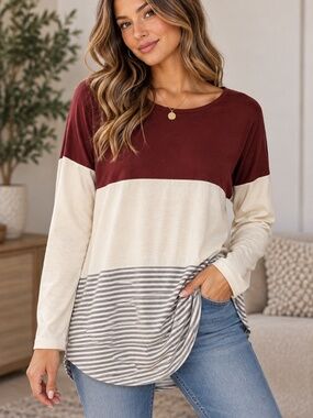 Oyamiki Long Sleeve Tunic Womens Size XXL Colorblock Lightweight Tri-Colour
